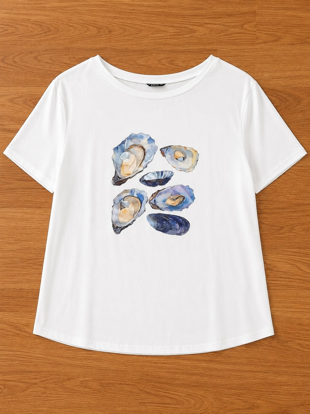 Women’s Shein White Tee with Blue Shell Print